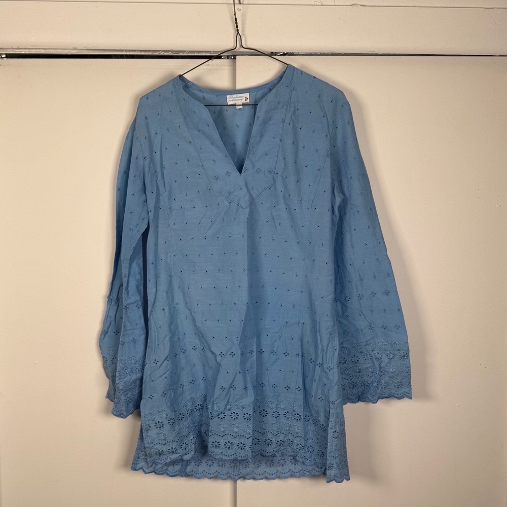 Shoshanna Swimwear Blue Eyelet Cotton Tunic Flare Sleeve Cover Up Top Large